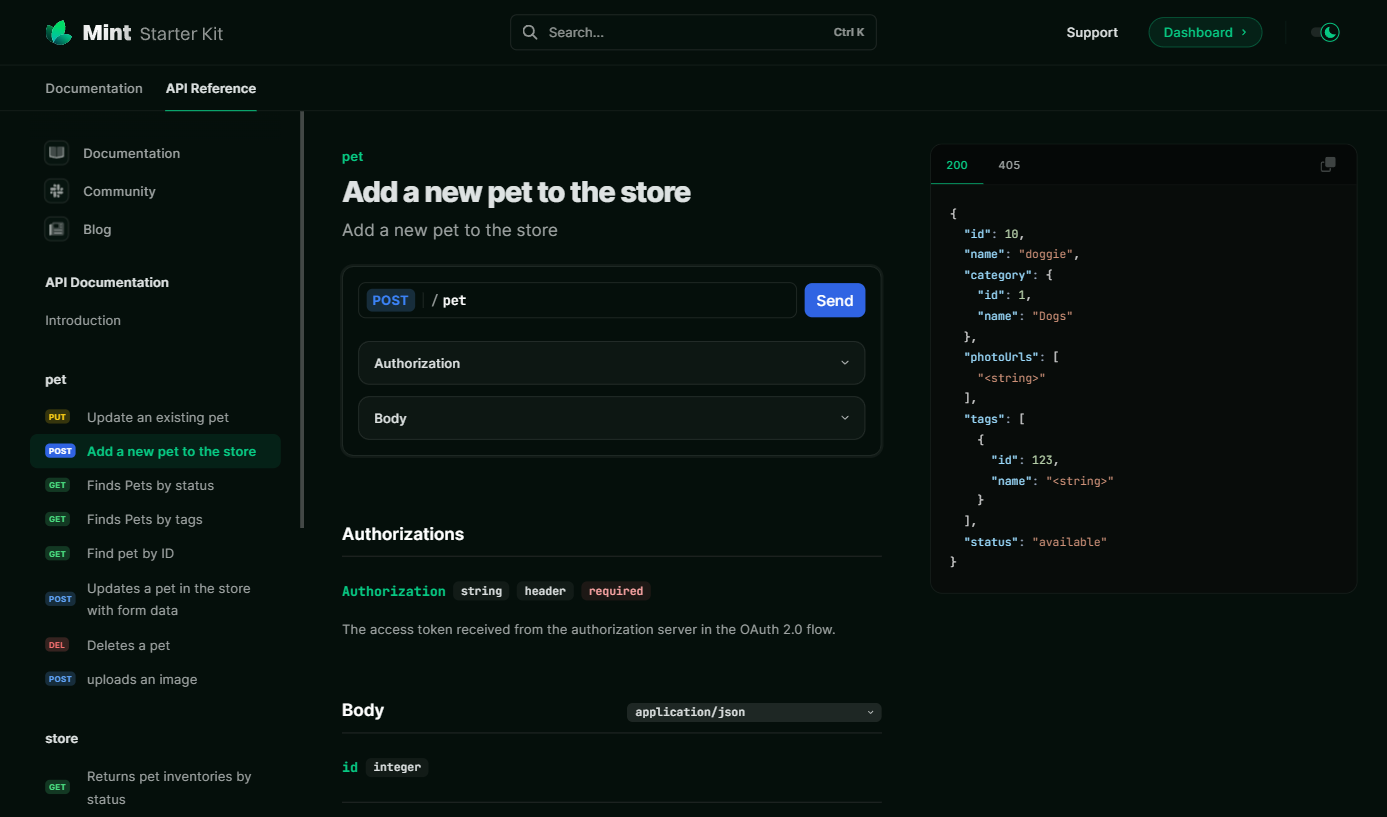 Documentation portal with the PetStore endpoints