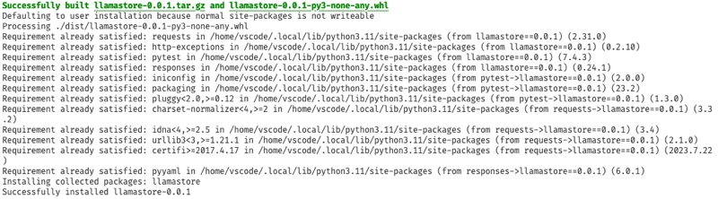 The output from the terminal showing the llama store SDK installed