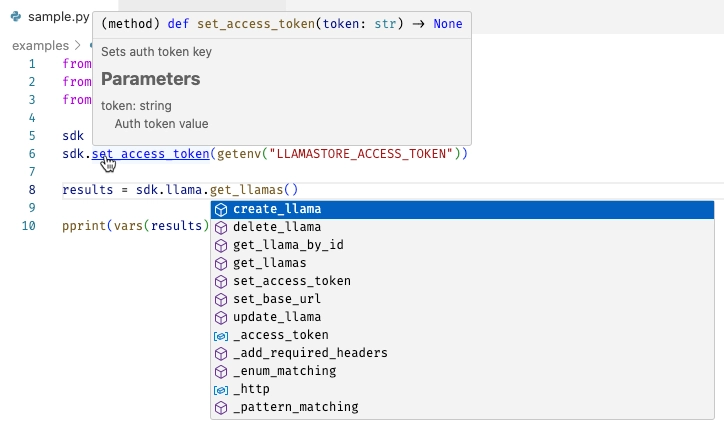 The sample.py file with both code completion and documentation showing