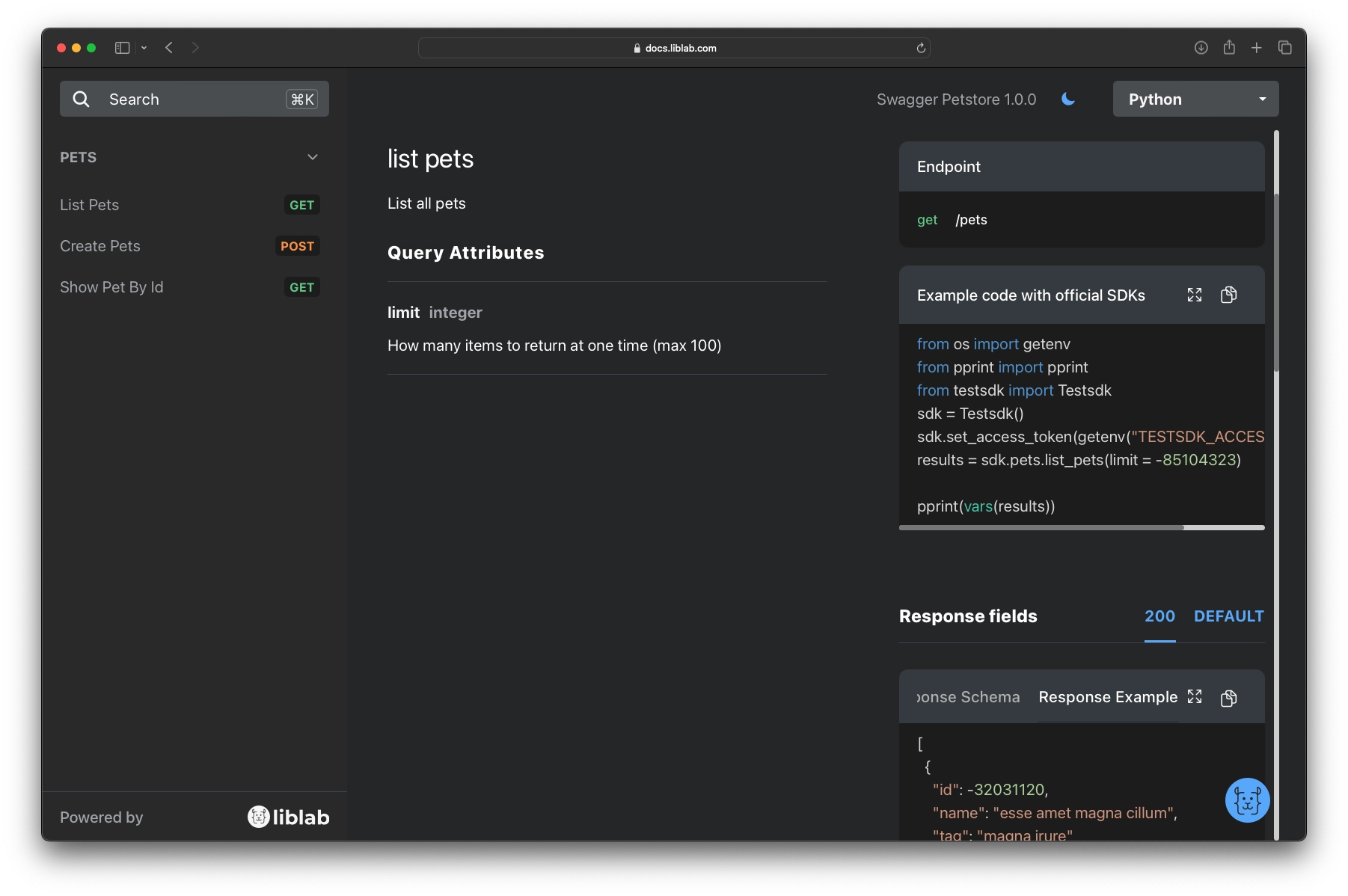 creenshot from liblab UI indicating list pets and query attributes with an example of an SDK code and response fields