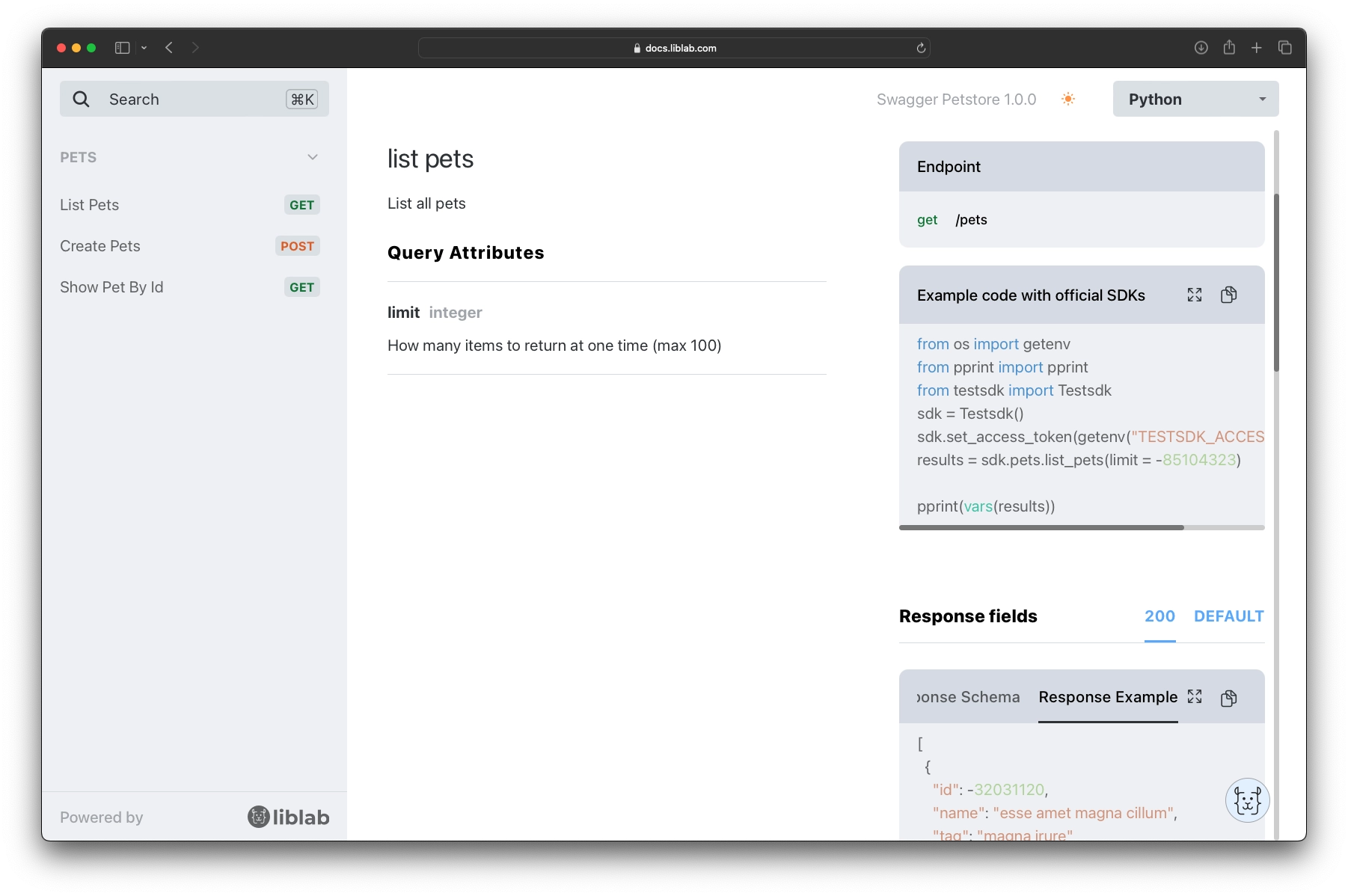 creenshot from liblab UI indicating list pets and query attributes with an example of an SDK code and response fields