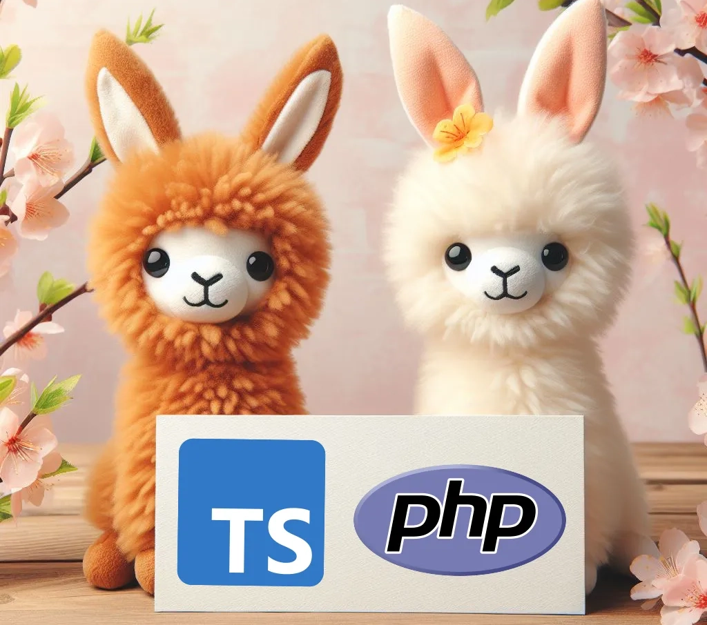 2 cute plushie llamas holding a sign with the TypeScript and PHP logos on it. The background
has cherry blossom