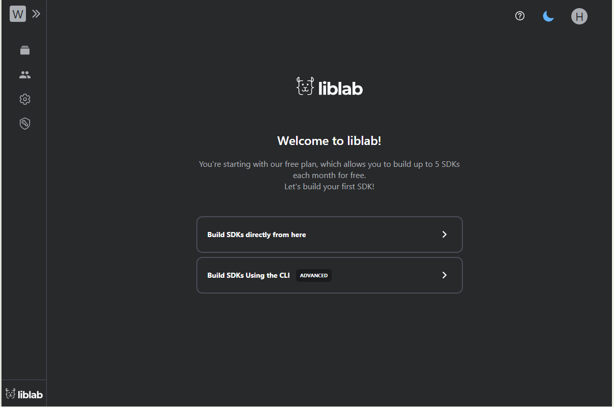 liblab Welcome Page showing onboarding options